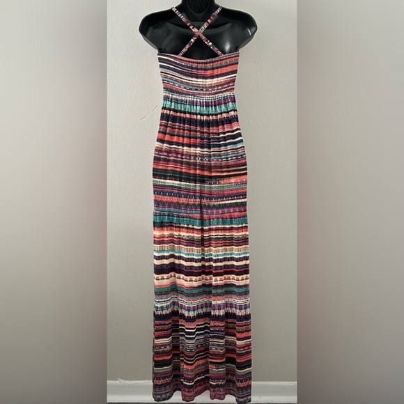 Soma Colorful Patterned Stripe Maxi Dress Size S Convertible Straps Empire Waist - Picture 6 of 11